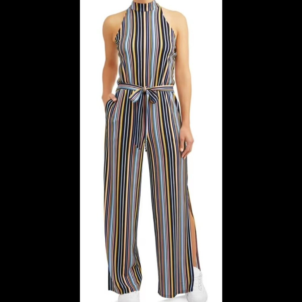 Retro Eye Candy Vertical Striped Halter Neck Wide Leg Jumpsuit